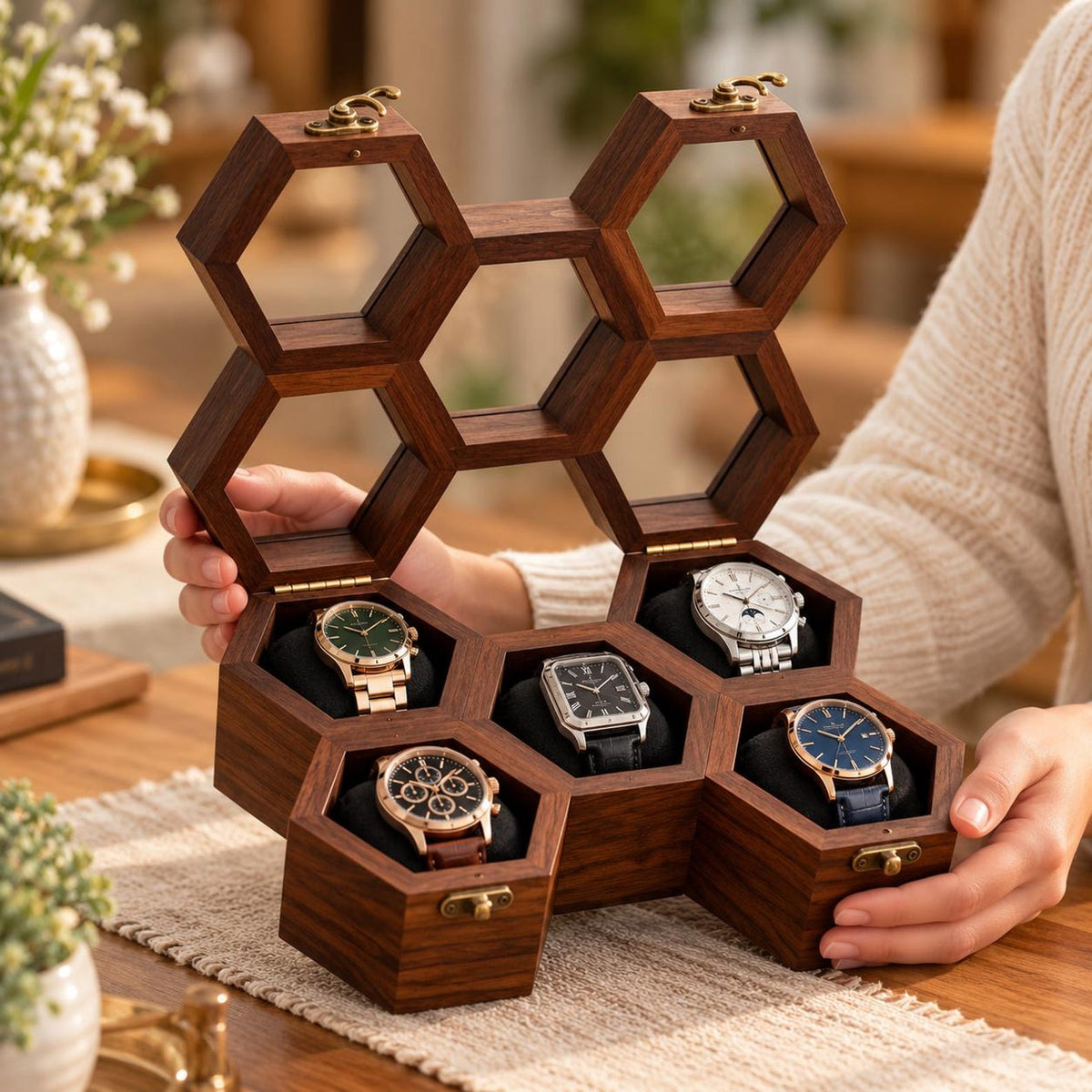 Handcrafted Rosewood Honeycomb Watch Box | Vintage Wooden Watch Organizer | Elegant Watch Display Case | Jewelry Storage | Gift for Him