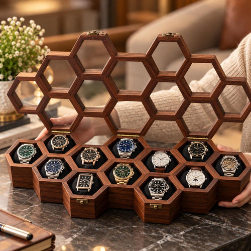 Handcrafted Rosewood Honeycomb Watch Box | Vintage Wooden Watch Organizer | Elegant Watch Display Case | Jewelry Storage | Gift for Him
