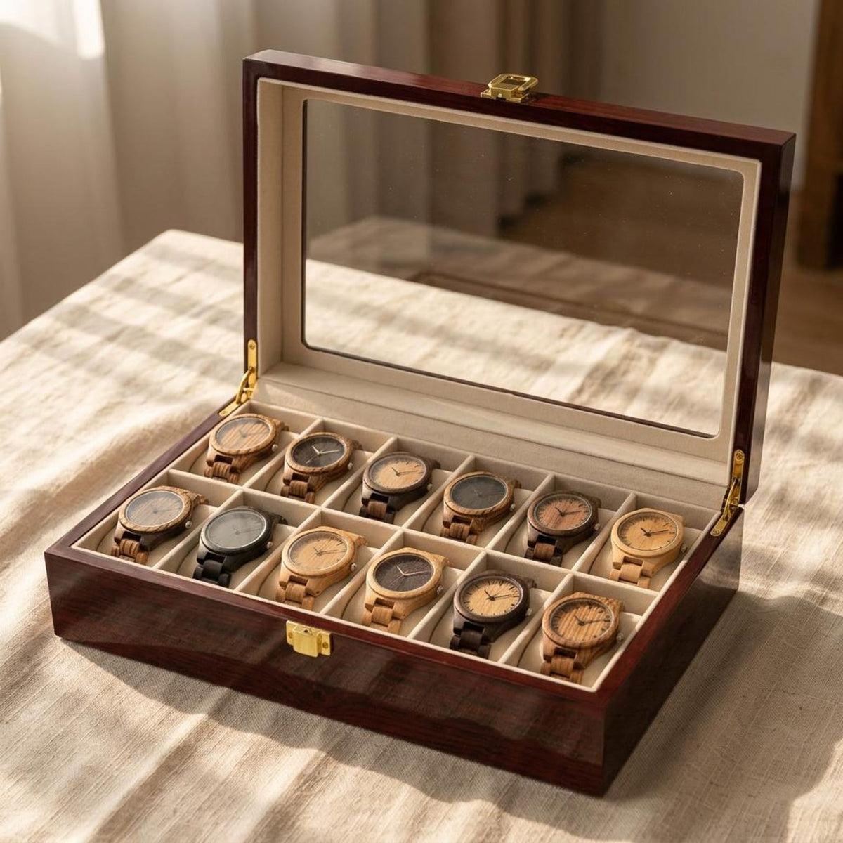 Wooden Watch Box Organizer 12 Slots with Glass Lid, Large Luxury Watch Storage Case for Men, Display Watch Box Gift