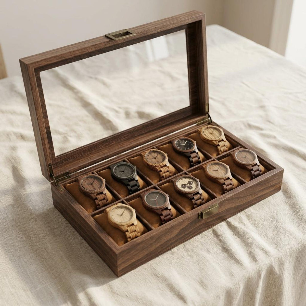 Wooden Watch Box Organizer with Glass Lid, Rustic Watch Storage Case 12 Slots, Vintage Display Box for Men & Women Gift