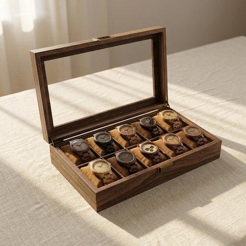 Wooden Watch Box Organizer with Glass Lid, Rustic Watch Storage Case 12 Slots, Vintage Display Box for Men & Women Gift