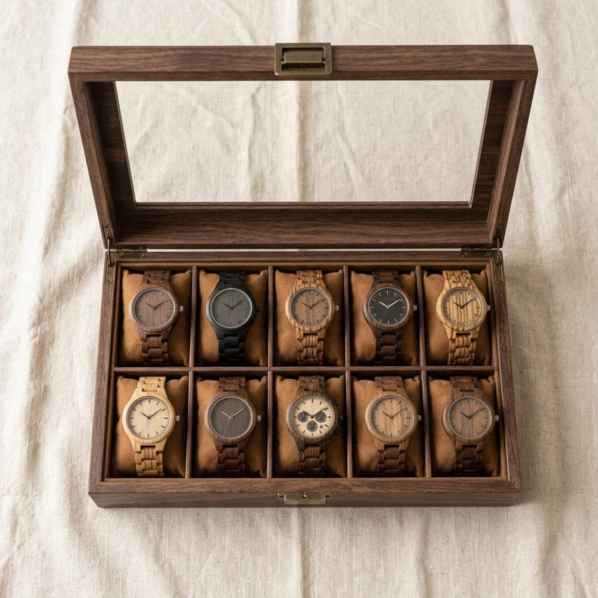 Wooden Watch Box Organizer with Glass Lid, Rustic Watch Storage Case 12 Slots, Vintage Display Box for Men & Women Gift