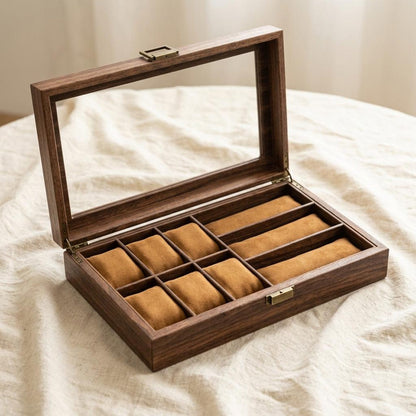 Large Wooden Watch Box Organizer with Glass Lid – 6 Slot Watch Display Case with Sunglasses Storage, Rustic Watch Collector Box for Men