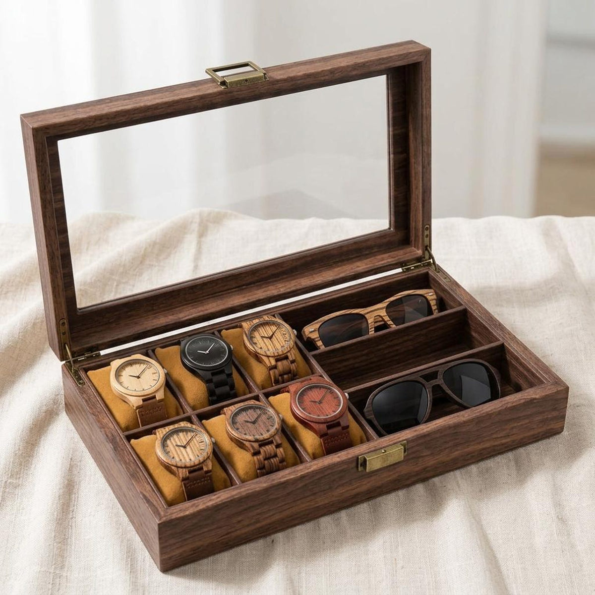 Large Wooden Watch Box Organizer with Glass Lid – 6 Slot Watch Display Case with Sunglasses Storage, Rustic Watch Collector Box for Men