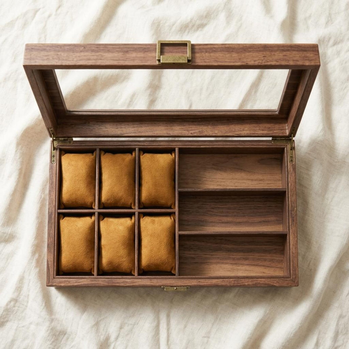 Large Wooden Watch Box Organizer with Glass Lid – 6 Slot Watch Display Case with Sunglasses Storage, Rustic Watch Collector Box for Men