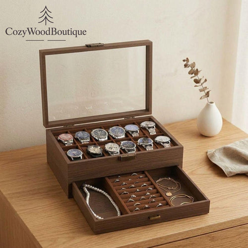 Wooden Watch Box Organizer for Men, Jewelry Box with Drawer, 12 Watch Case Display Stand, Luxury Watch Storage, Gift for Him, Dresser Decor