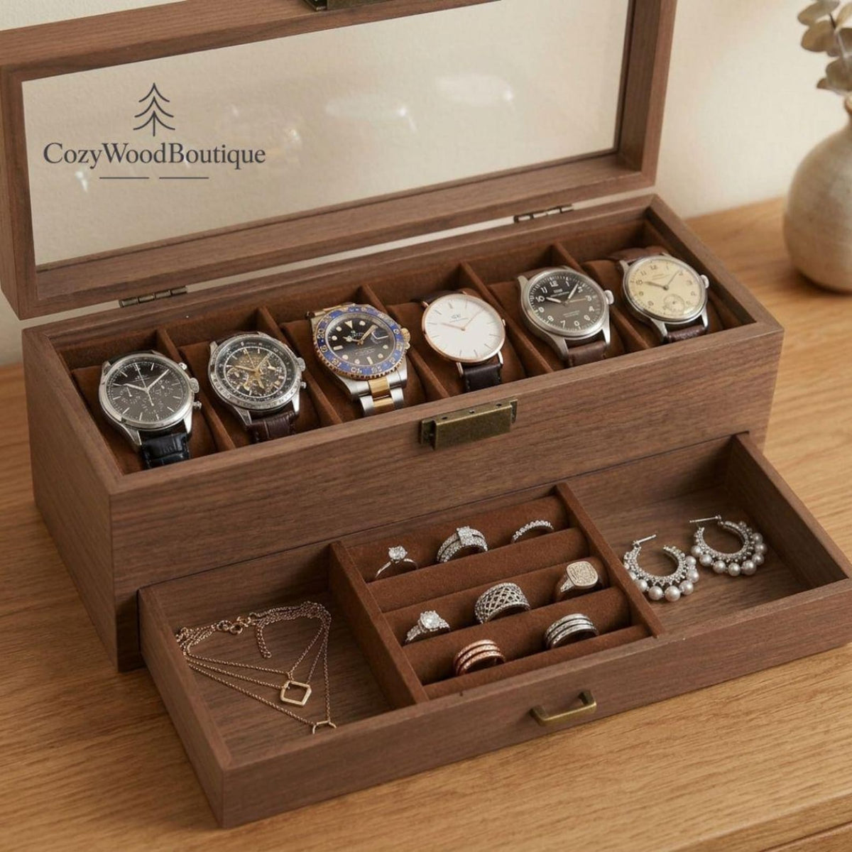 Wooden Watch Box Organizer for Men, Jewelry Box with Drawer, 12 Watch Case Display Stand, Luxury Watch Storage, Gift for Him, Dresser Decor