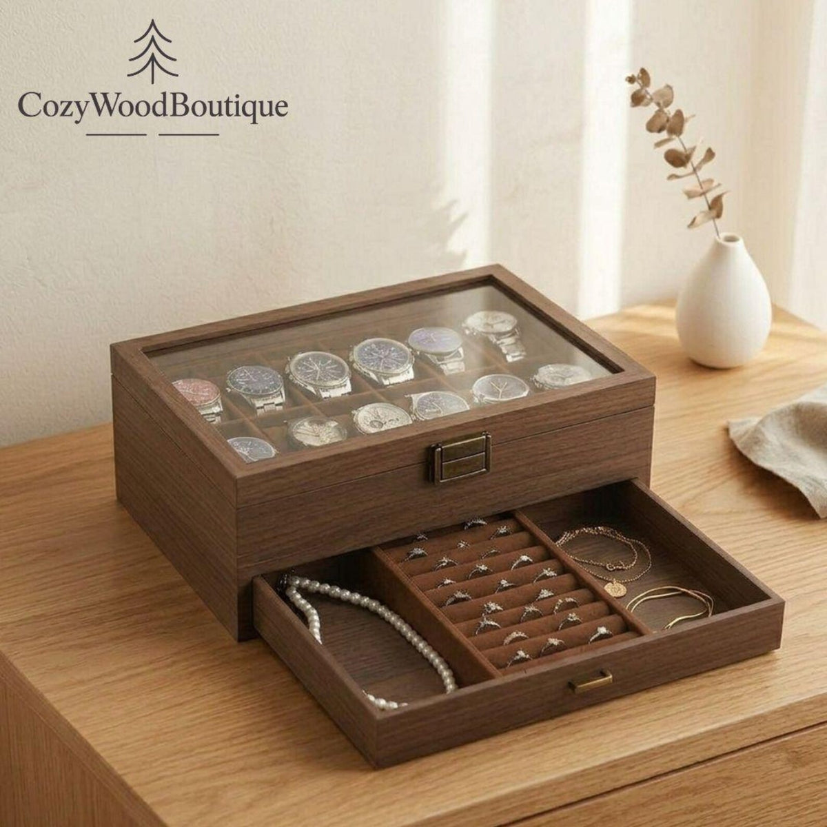 Wooden Watch Box Organizer for Men, Jewelry Box with Drawer, 12 Watch Case Display Stand, Luxury Watch Storage, Gift for Him, Dresser Decor