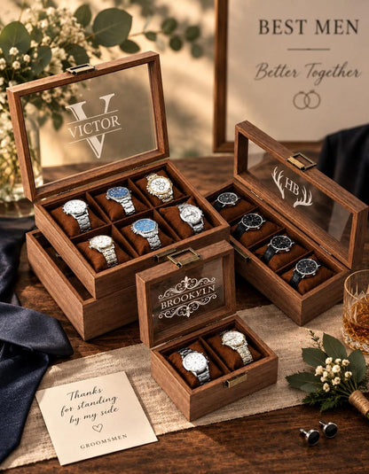 Personalised Wooden Watch Box, Custom Engraved Watch Storage Case, Holds 1-8 Watches, Groomsmen Gift For Him Dad Husband