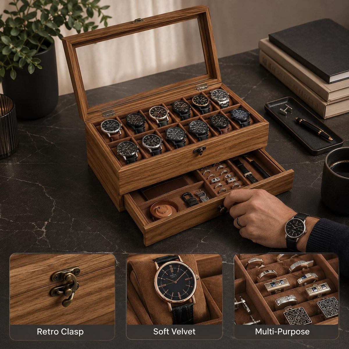 Wooden Watch Box Organizer for Men, Watch Display Case, 12 Slot Glass Top Watch Jewelry Organizer, Storage Box Organizer Gift For Him
