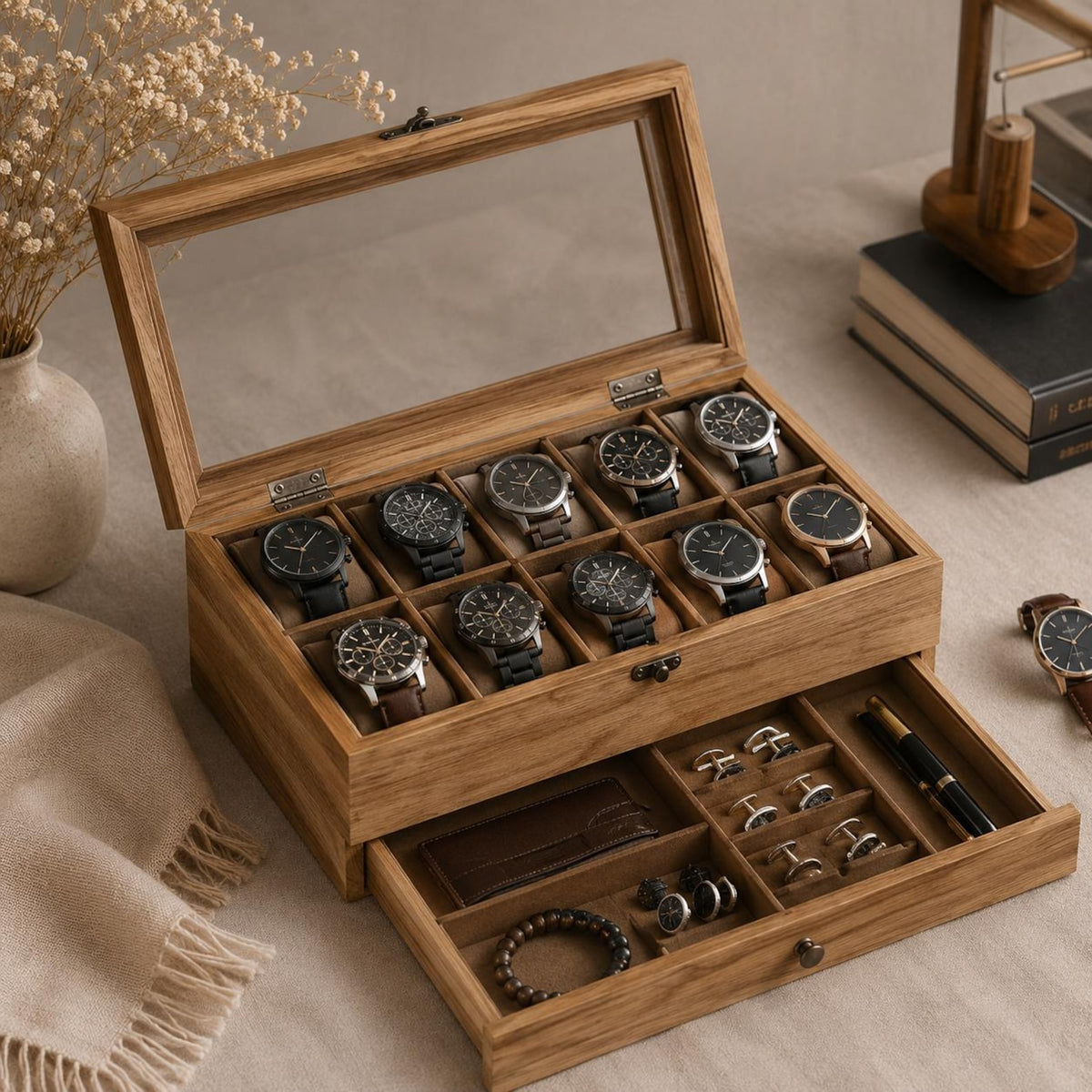 Wooden Watch Box Organizer for Men, Watch Display Case, 12 Slot Glass Top Watch Jewelry Organizer, Storage Box Organizer Gift For Him