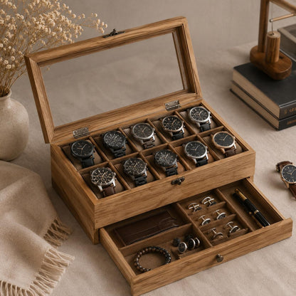 Wooden Watch Box Organizer for Men, Watch Display Case, 12 Slot Glass Top Watch Jewelry Organizer, Storage Box Organizer Gift For Him