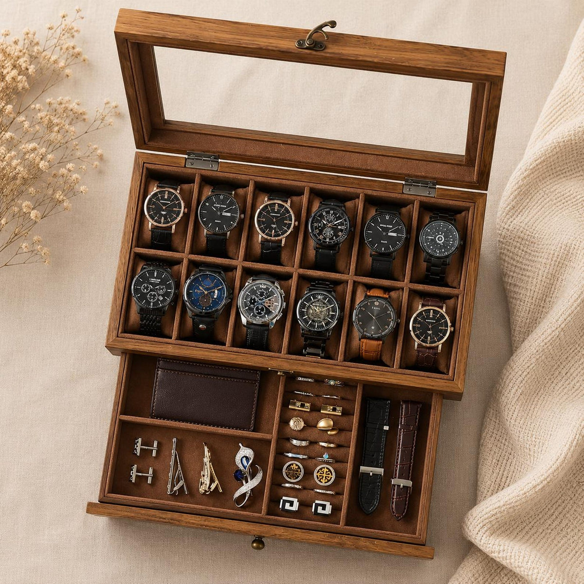 Wooden Watch Box Organizer for Men, Watch Display Case, 12 Slot Glass Top Watch Jewelry Organizer, Storage Box Organizer Gift For Him