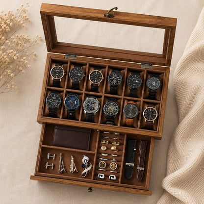 Wooden Watch Box Organizer for Men, Watch Display Case, 12 Slot Glass Top Watch Jewelry Organizer, Storage Box Organizer Gift For Him