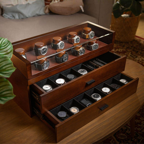 Display & Protect Your Collection – Handcrafted Wooden Watch Box for Men, 17 Watch Display Case with 2 Drawers - Perfect Christmas Gift
