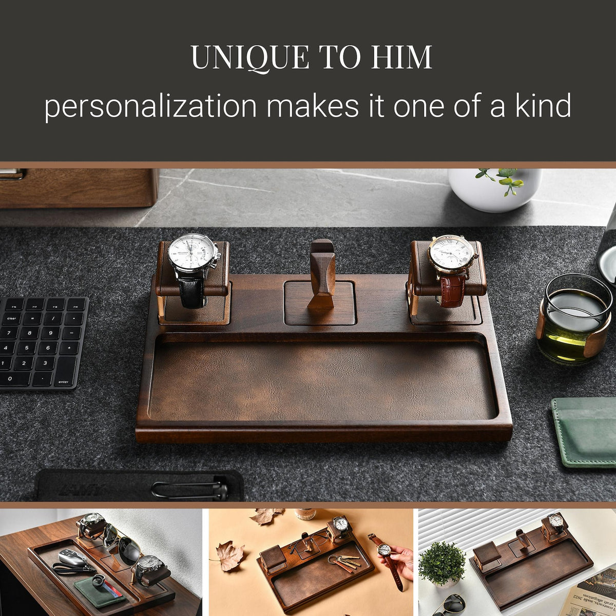 Wooden desk tray for glasses and watches organizer engraved Christmas gift for husband 6th anniversary gift for men watch jewelry organizer