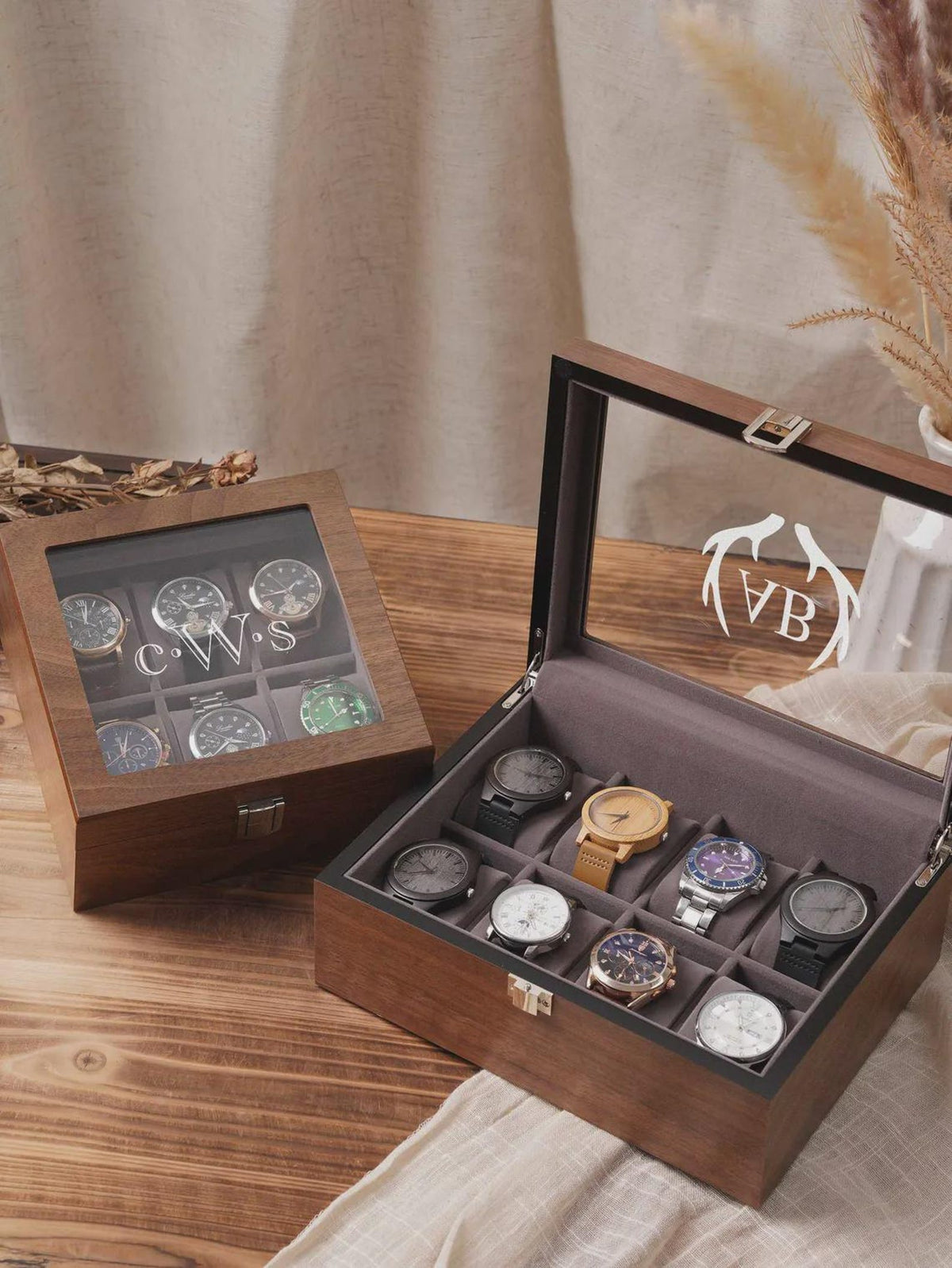 Personalized Walnut Wood Watch Box 6/8 Slots, Engraved Glass Lid Watch Jewelry Case, Groom Wedding Gift, Valentine's Day Gifts Him