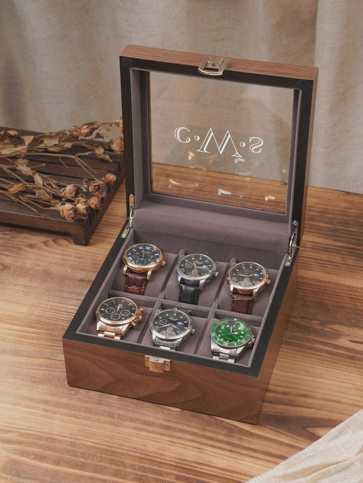 Personalized Walnut Wood Watch Box 6/8 Slots, Engraved Glass Lid Watch Jewelry Case, Groom Wedding Gift, Valentine's Day Gifts Him