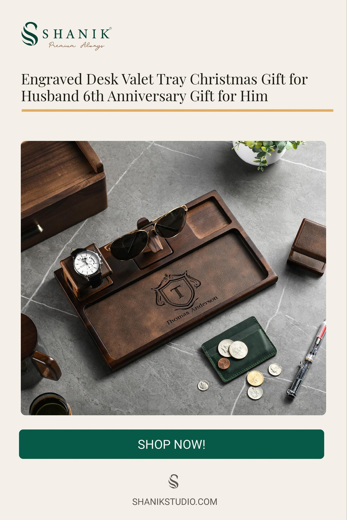 Wooden desk tray for glasses and watches organizer engraved Christmas gift for husband 6th anniversary gift for men watch jewelry organizer