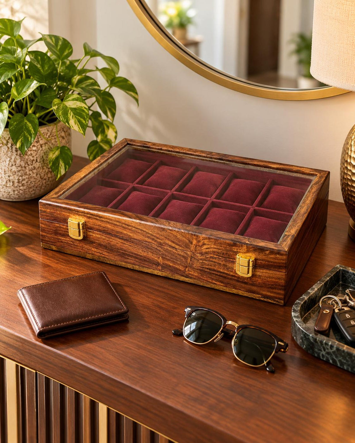 Wooden Watch Storage Box with 10 Compartments, Burgundy Velvet Lining and Glass Display