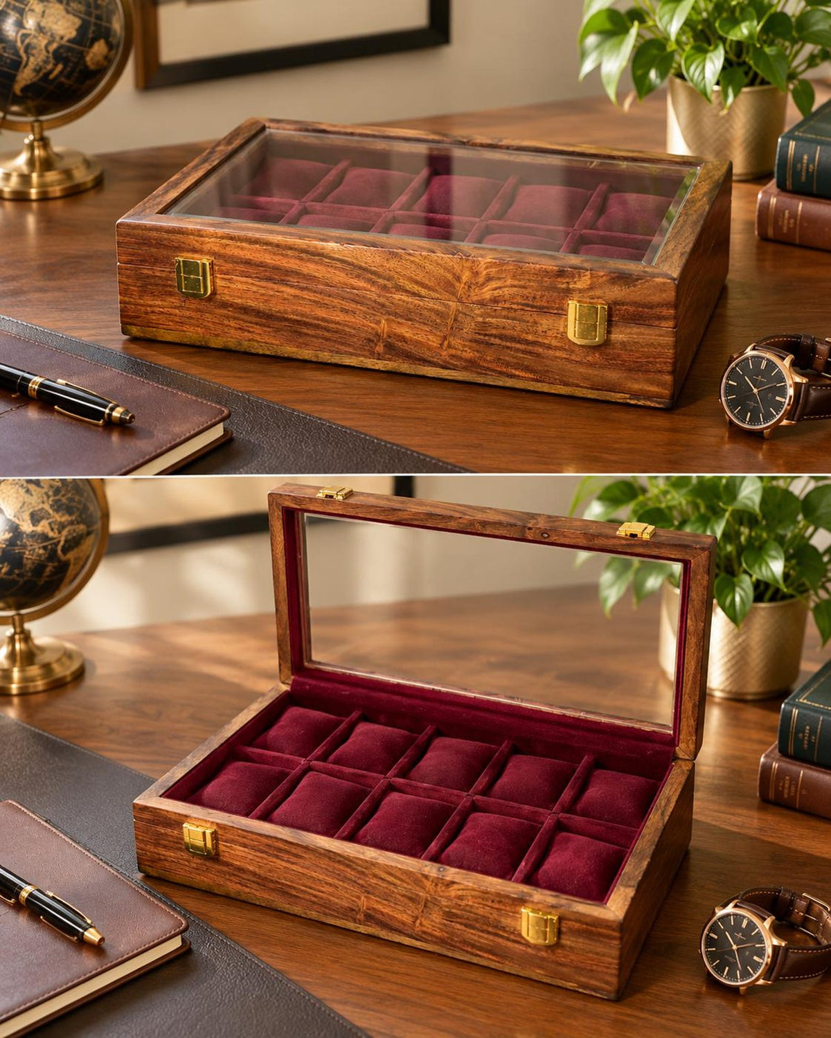 Wooden Watch Storage Box with 10 Compartments, Burgundy Velvet Lining and Glass Display