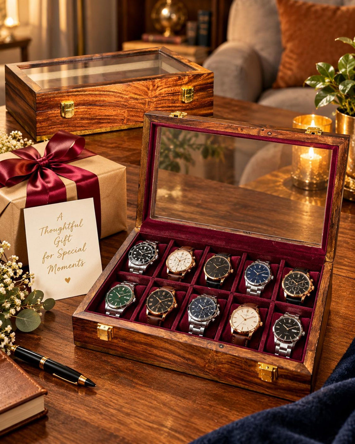 Wooden Watch Storage Box with 10 Compartments, Burgundy Velvet Lining and Glass Display