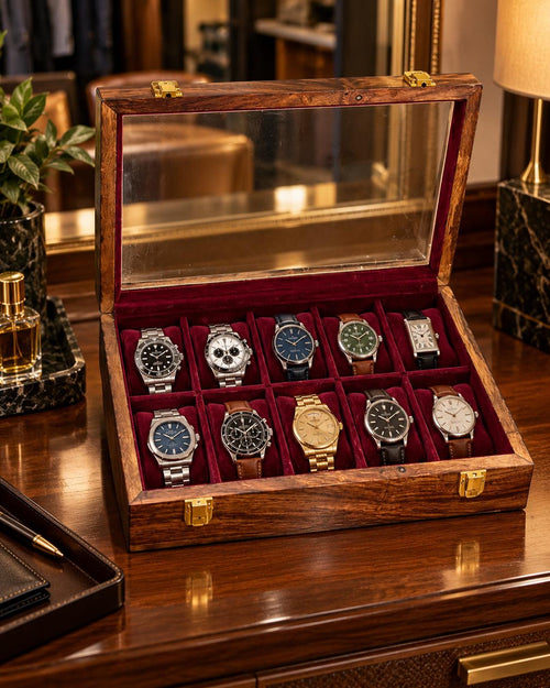 Wooden Watch Storage Box with 10 Compartments, Burgundy Velvet Lining and Glass Display