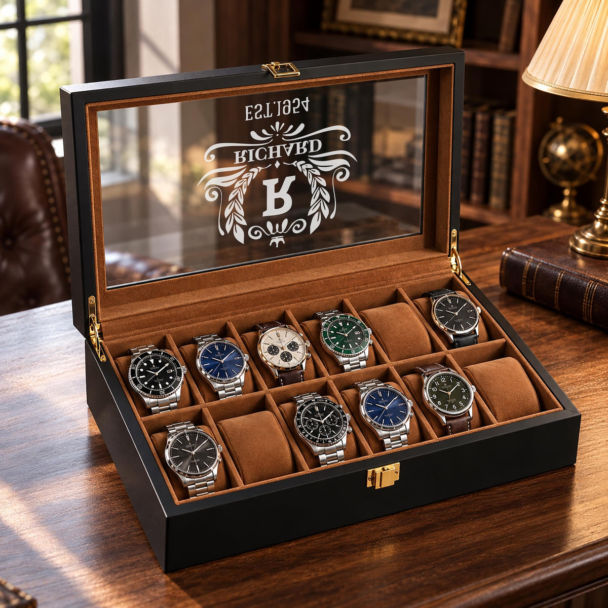 Personalized Watch Box, Custom Engraved Watch Display Case, 6 10 12 Slot Watch Organizer, Gift for Husband Dad
