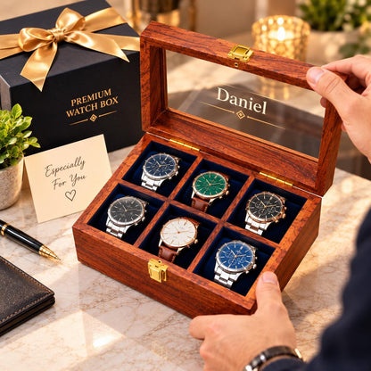 Personalized Wooden Watch Box, Engraved Watch Case for Men, 6 Slot Watch Organizer, Anniversary Gift for Boyfriend, Dad or Husband