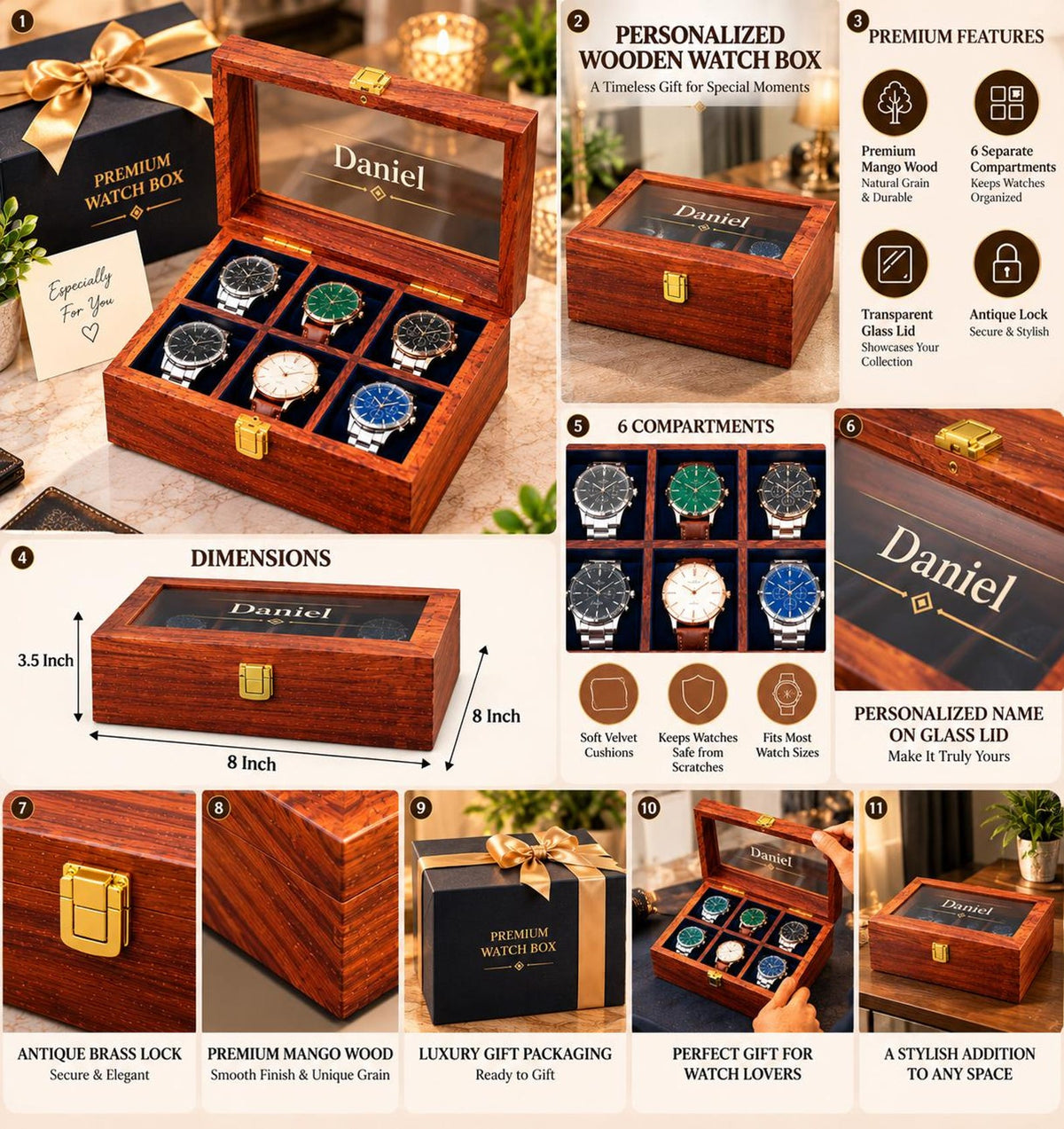 Personalized Wooden Watch Box, Engraved Watch Case for Men, 6 Slot Watch Organizer, Anniversary Gift for Boyfriend, Dad or Husband