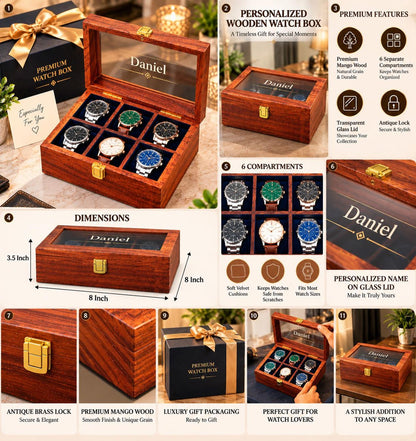 Personalized Wooden Watch Box, Engraved Watch Case for Men, 6 Slot Watch Organizer, Anniversary Gift for Boyfriend, Dad or Husband