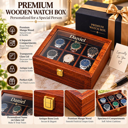 Personalized Wooden Watch Box, Engraved Watch Case for Men, 6 Slot Watch Organizer, Anniversary Gift for Boyfriend, Dad or Husband