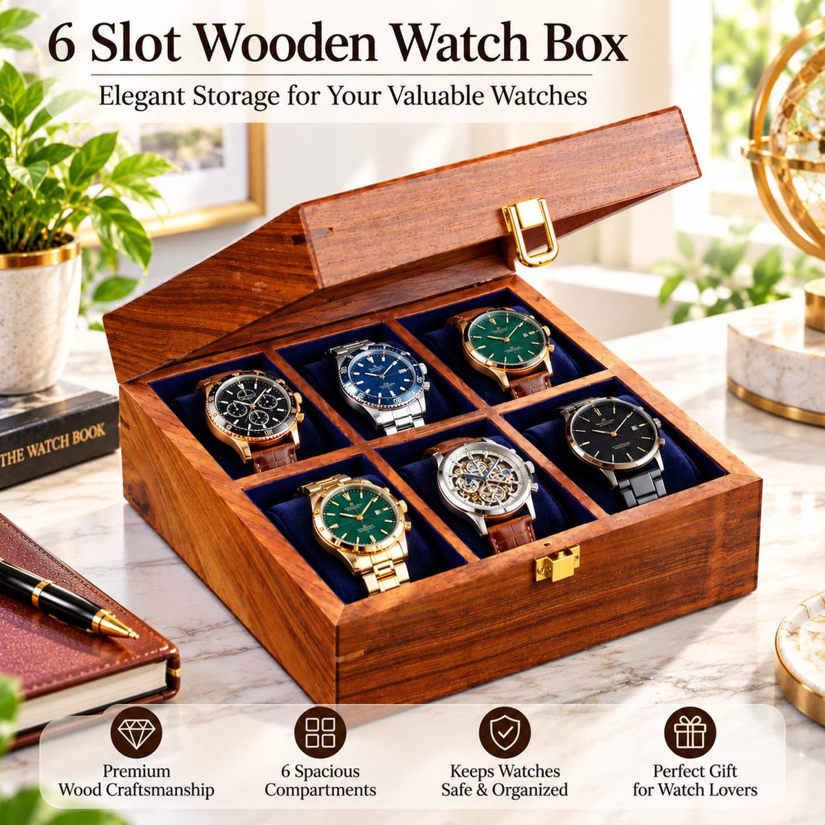 Personalized Wooden Watch Box, Engraved Watch Case for Men, 6 Slot Watch Organizer, Anniversary Gift for Boyfriend, Dad or Husband