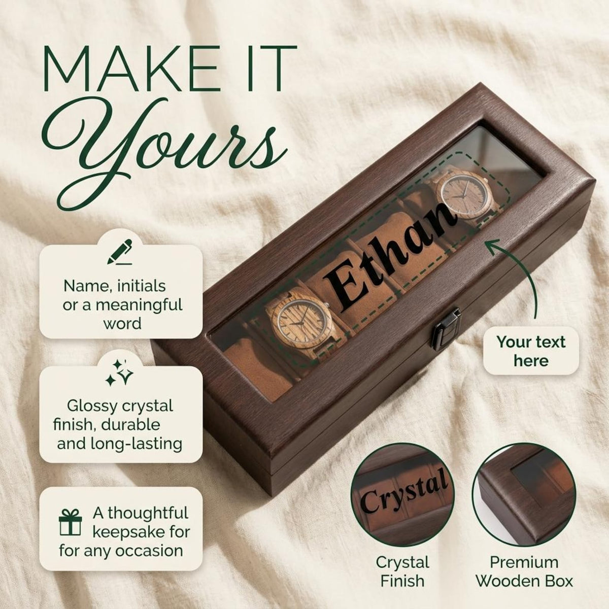 Personalized Wooden Watch Box, 6 Slot Watch Case with Custom Name, Glass Lid Watch Organizer for Men, Anniversary Gift for Him