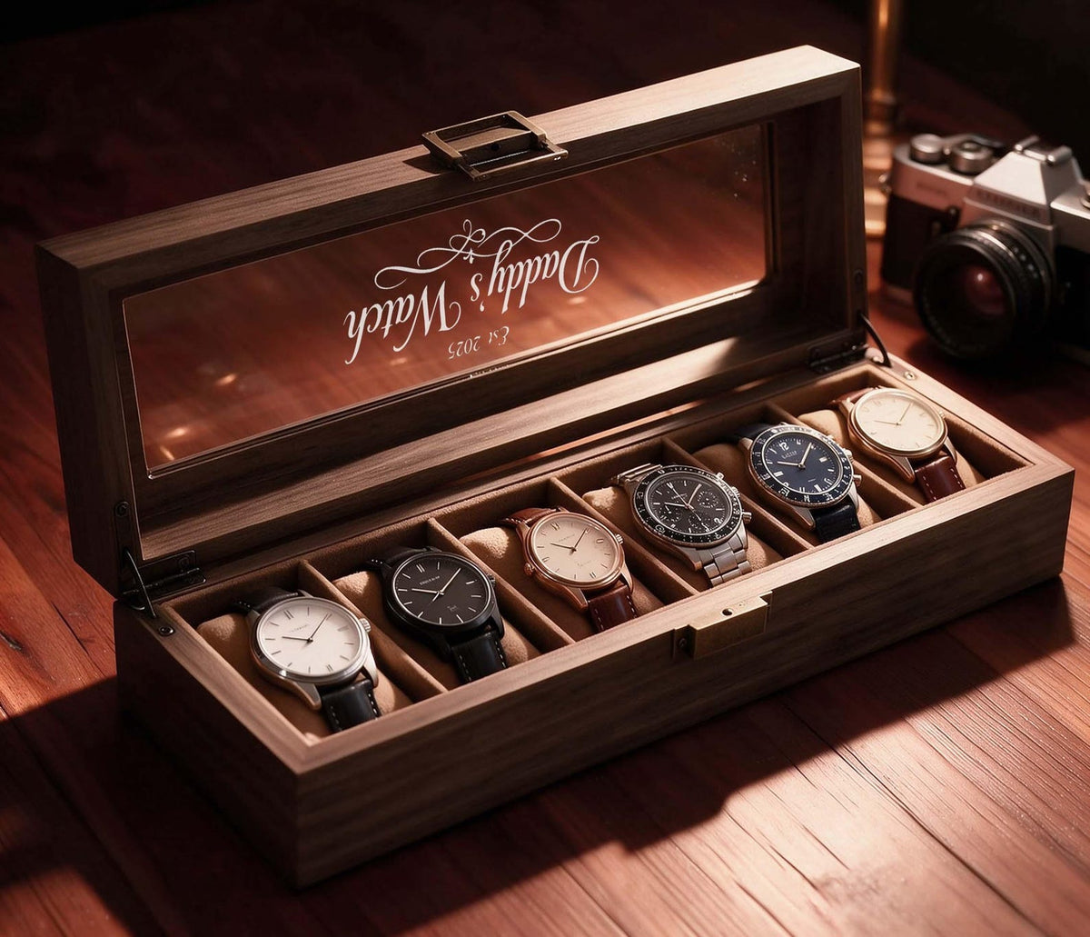 Personalized 6-Slot Men's Watch Box – Two-Layer Wooden Display Case with Drawer – Grain Leather Watch Organizer – Anniversary Gift for Him