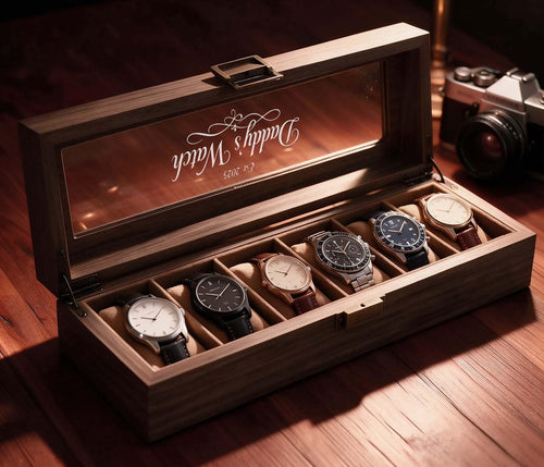 Personalized 6-Slot Men's Watch Box – Two-Layer Wooden Display Case with Drawer – Grain Leather Watch Organizer – Anniversary Gift for Him