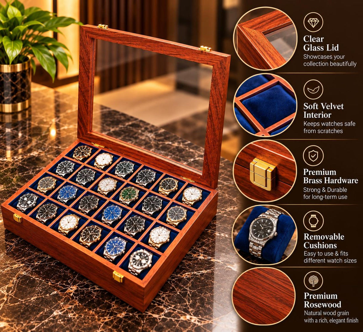 24-Slot Wooden Watch Box with Glass Lid, Velvet Interior, Luxury Storage