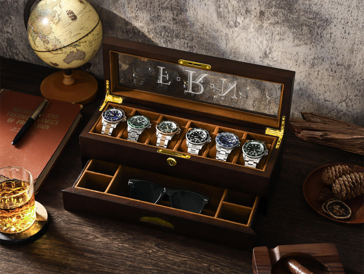 6 Slots Wooden Watch Box, Personalized Watch Case with Drawer, Men's Jewelry Watch Box Display and Storage, Gifts for Him