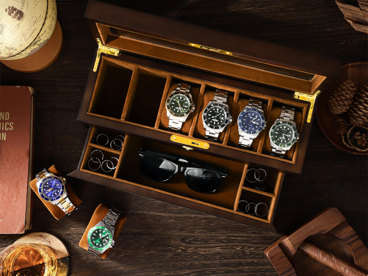 6 Slots Wooden Watch Box, Personalized Watch Case with Drawer, Men's Jewelry Watch Box Display and Storage, Gifts for Him