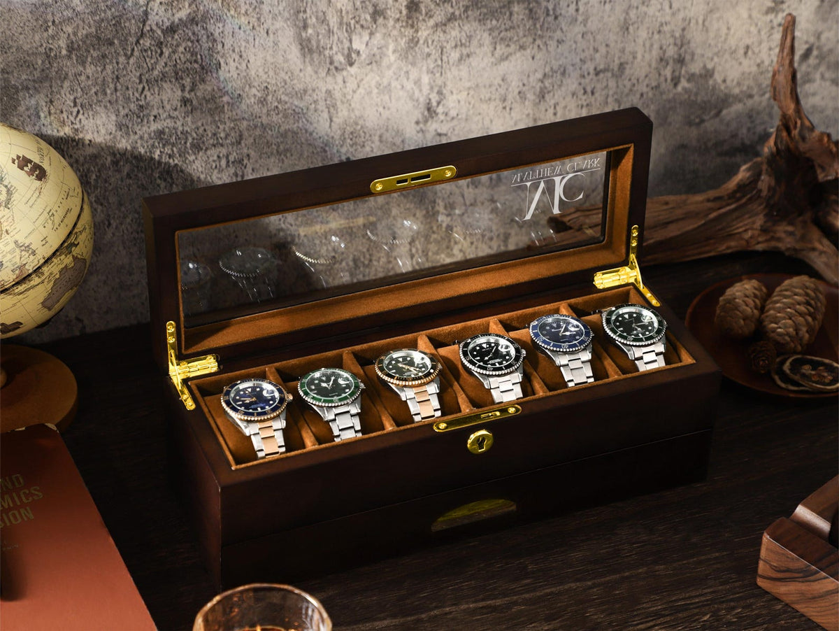 6 Slots Wooden Watch Box, Personalized Watch Case with Drawer, Men's Jewelry Watch Box Display and Storage, Gifts for Him