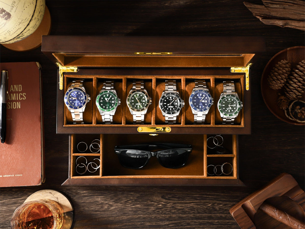 6 Slots Wooden Watch Box, Personalized Watch Case with Drawer, Men's Jewelry Watch Box Display and Storage, Gifts for Him