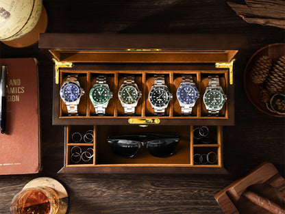 6 Slots Wooden Watch Box, Personalized Watch Case with Drawer, Men's Jewelry Watch Box Display and Storage, Gifts for Him