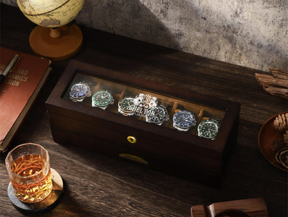 6 Slots Wooden Watch Box, Personalized Watch Case with Drawer, Men's Jewelry Watch Box Display and Storage, Gifts for Him