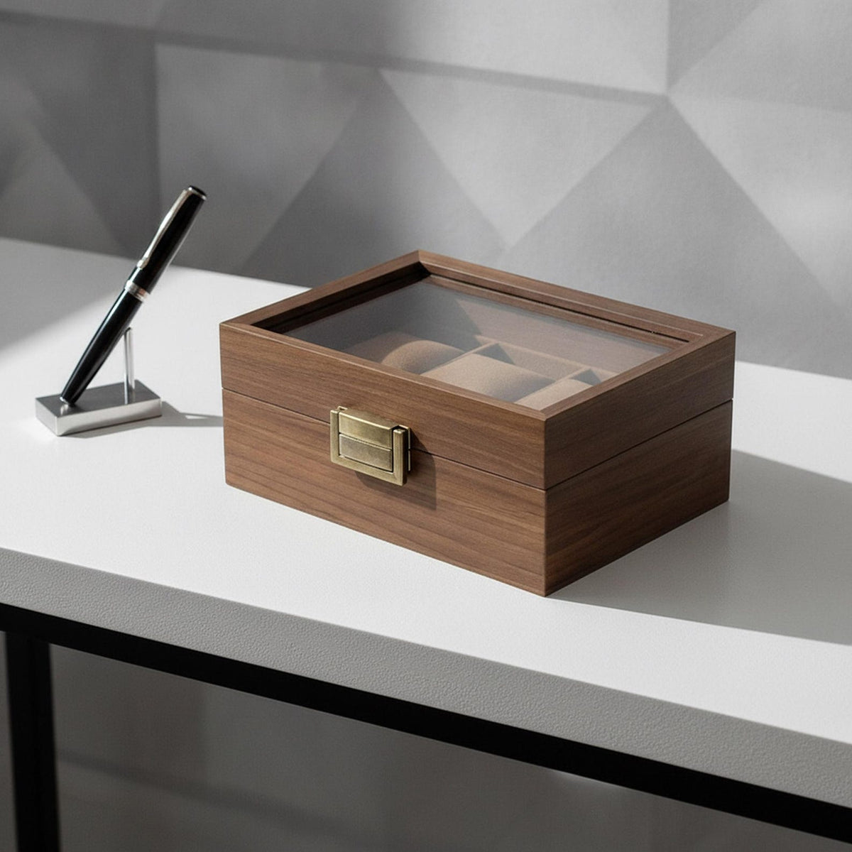 Walnut Wooden Watch Box with Glass Lid for Men's Watches