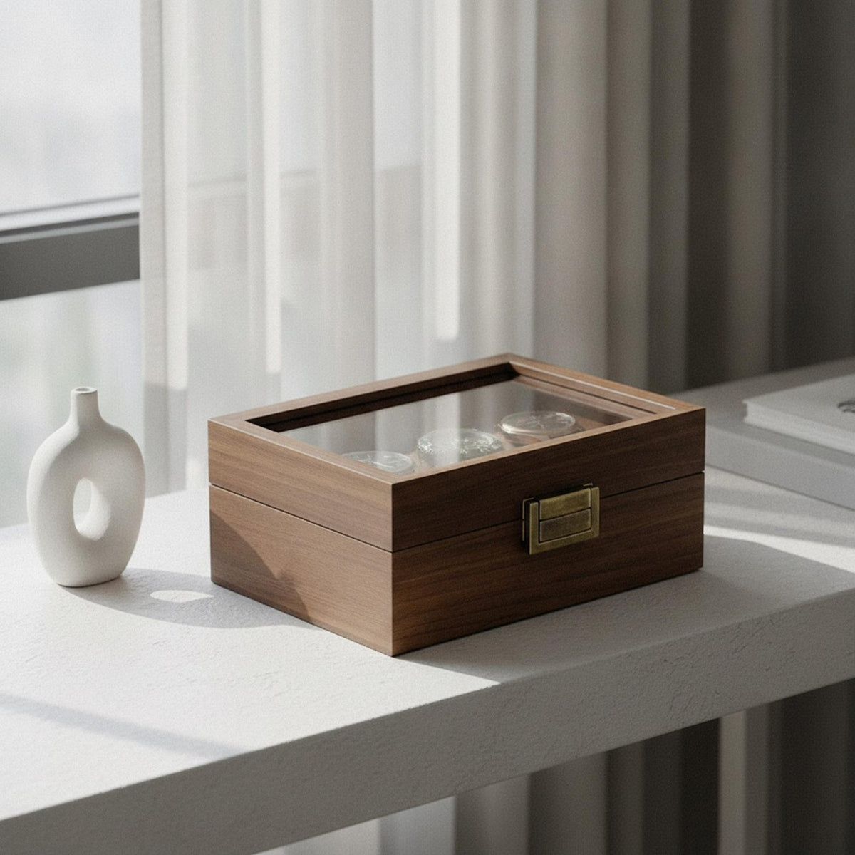 Walnut Wooden Watch Box with Glass Lid for Men's Watches