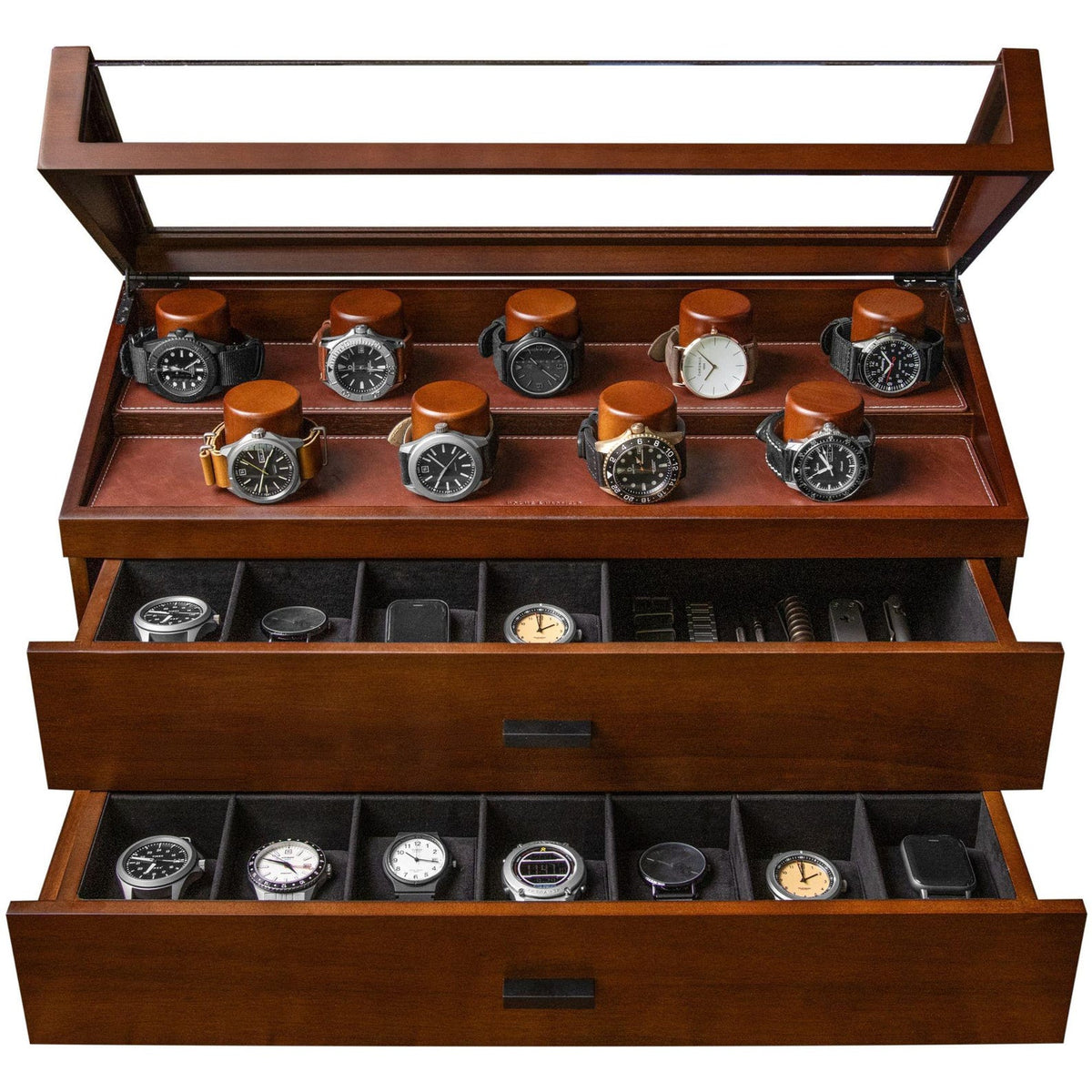 Display & Protect Your Collection – Handcrafted Wooden Watch Box for Men, 17 Watch Display Case with 2 Drawers - Perfect Christmas Gift