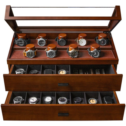 Display & Protect Your Collection – Handcrafted Wooden Watch Box for Men, 17 Watch Display Case with 2 Drawers - Perfect Christmas Gift