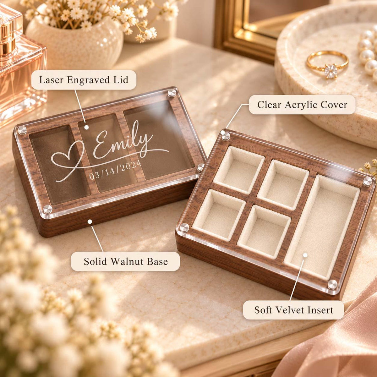 Personalized Wooden Jewelry Box, Engraved Clear Lid Watch Organizer, Custom Name Gift for Him, Men’s Keepsake Storage Box