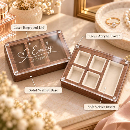 Personalized Wooden Jewelry Box, Engraved Clear Lid Watch Organizer, Custom Name Gift for Him, Men’s Keepsake Storage Box