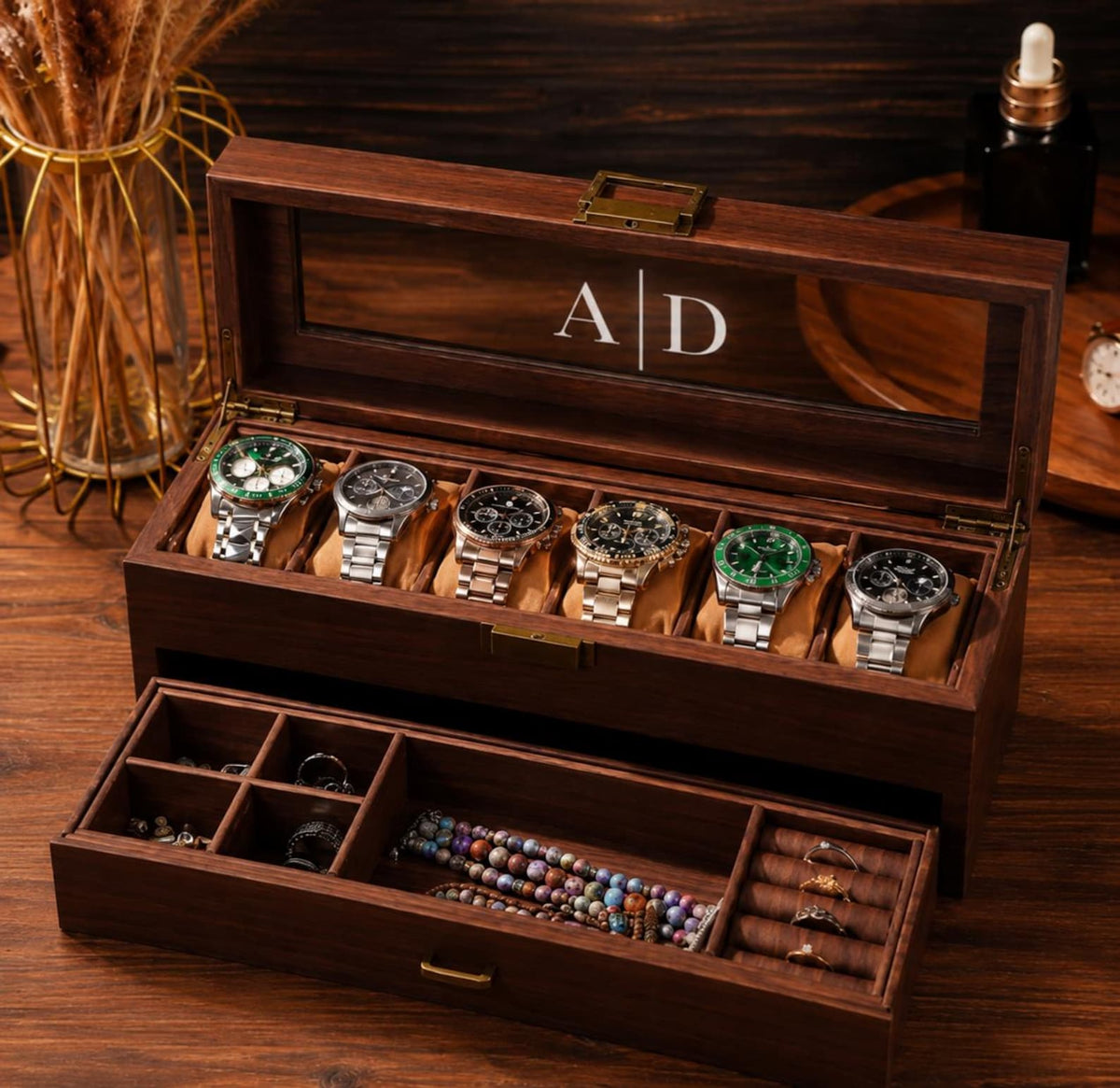 Personalized Wooden Watch Box, Custom Engraved Glass Top Watch Case, Watch Organizer for Men, Gift for Husband, Anniversary Gift, Groom Gift